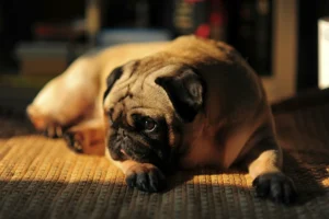 A Pug dog lying on a woven mat in a patch of sunlight.