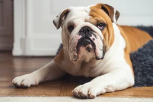 A white and tan English Bulldog is lying on a wooden floor..